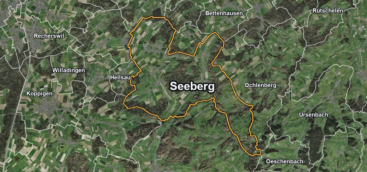 Luftbild von Seeberg mit Gemeindegrenze, Nachbargemeinden und Solareignung der Dächer