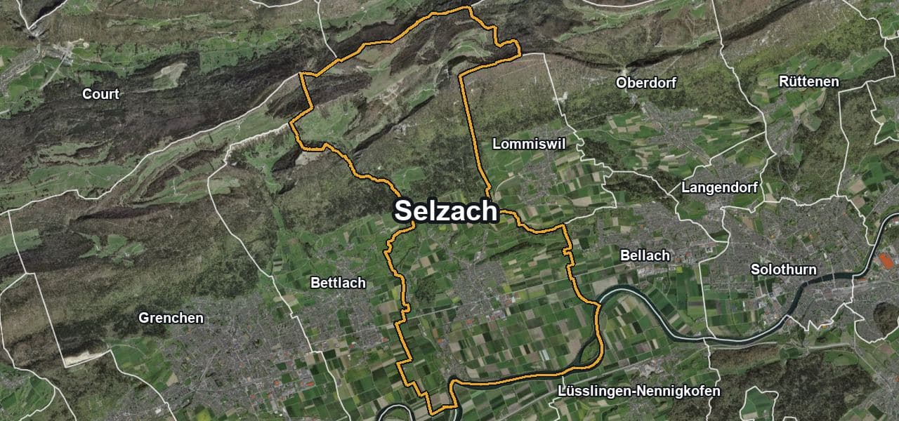 Luftbild von Selzach mit Gemeindegrenze, Nachbargemeinden und Solareignung der Dächer
