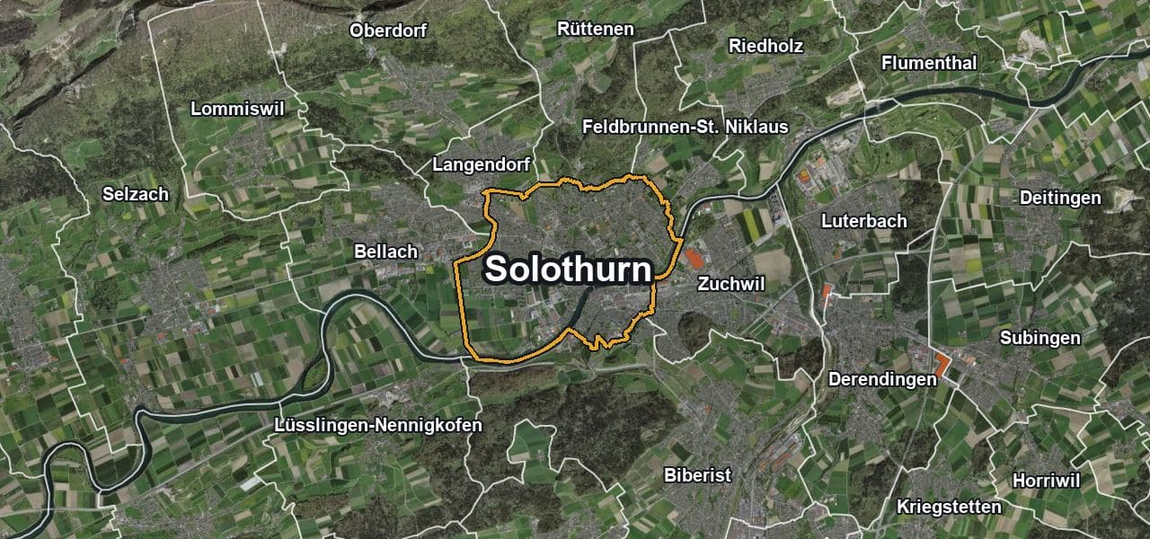 Luftbild von Solothurn mit Gemeindegrenze, Nachbargemeinden und Solareignung der Dächer