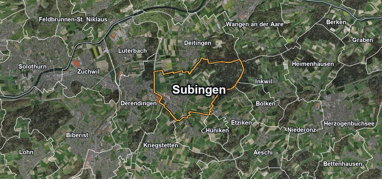Luftbild von Subingen mit Gemeindegrenze, Nachbargemeinden und Solareignung der Dächer