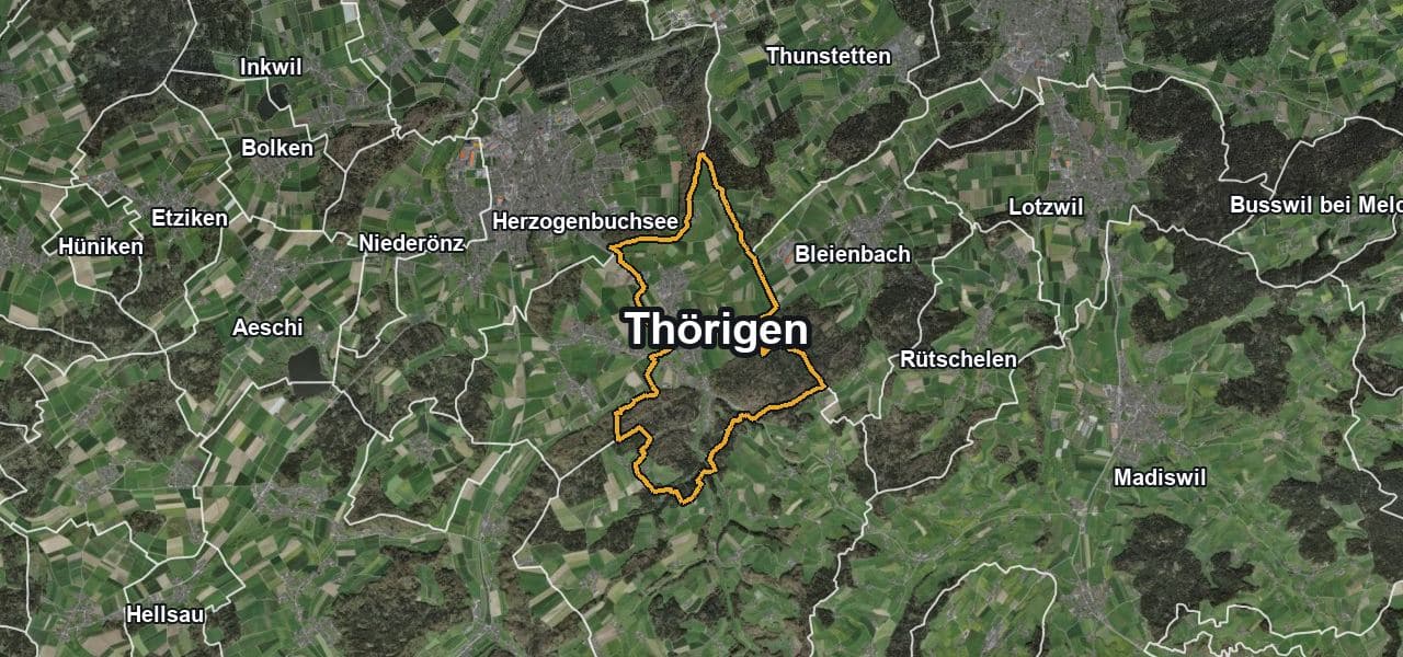 Luftbild von Thörigen mit Gemeindegrenze, Nachbargemeinden und Solareignung der Dächer