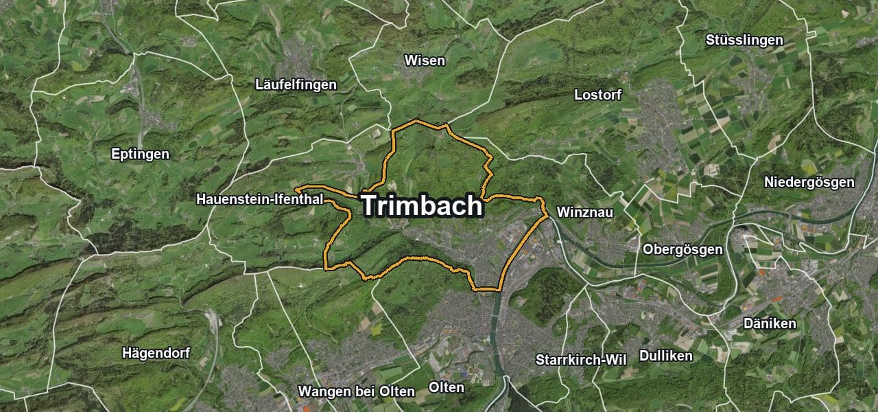 Luftbild von Trimbach mit Gemeindegrenze, Nachbargemeinden und Solareignung der Dächer