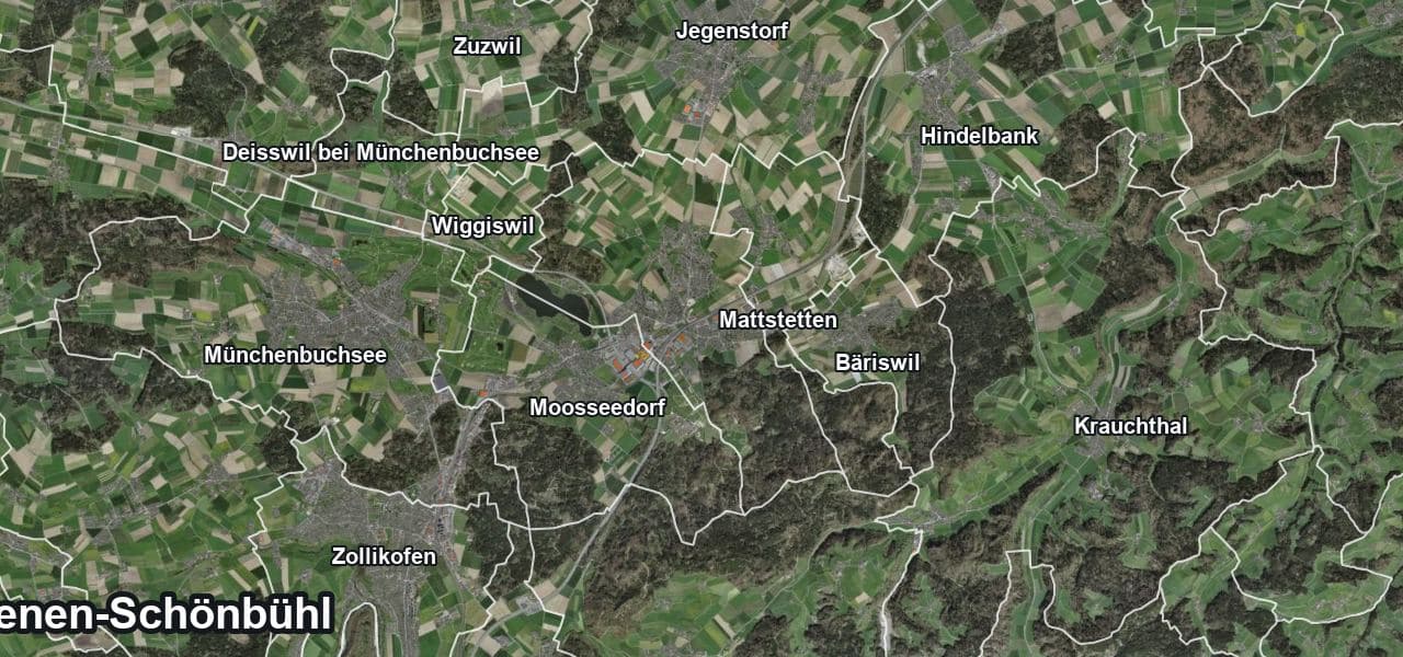 Luftbild von Urtenen-Schönbühl mit Gemeindegrenze, Nachbargemeinden und Solareignung der Dächer