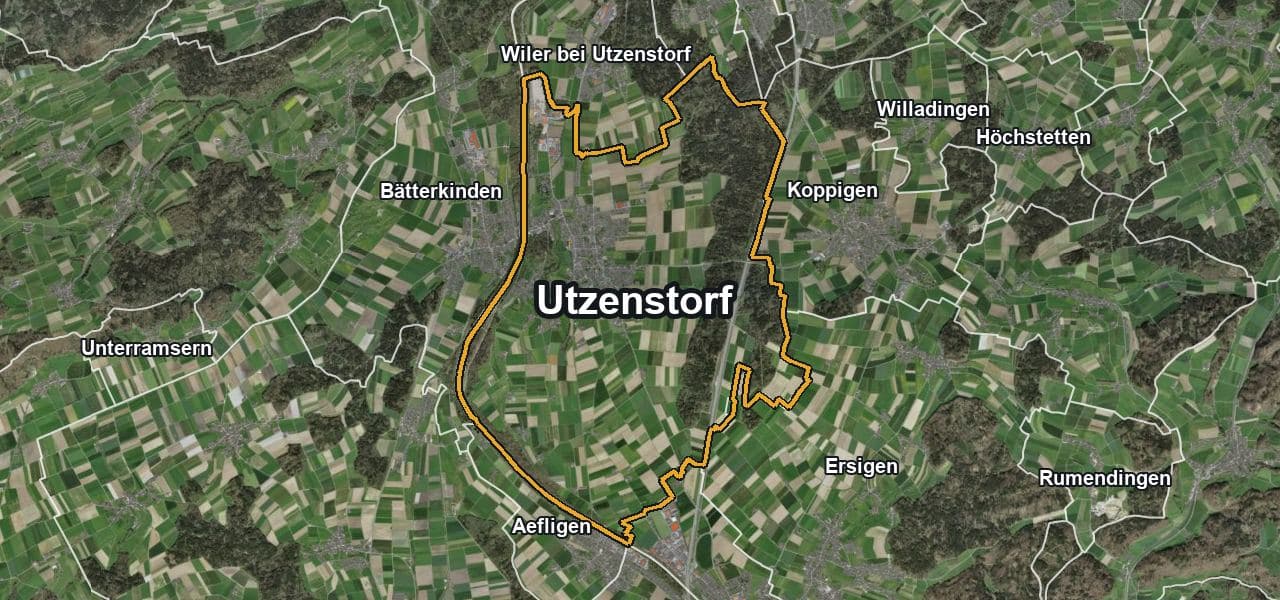 Luftbild von Utzenstorf mit Gemeindegrenze, Nachbargemeinden und Solareignung der Dächer