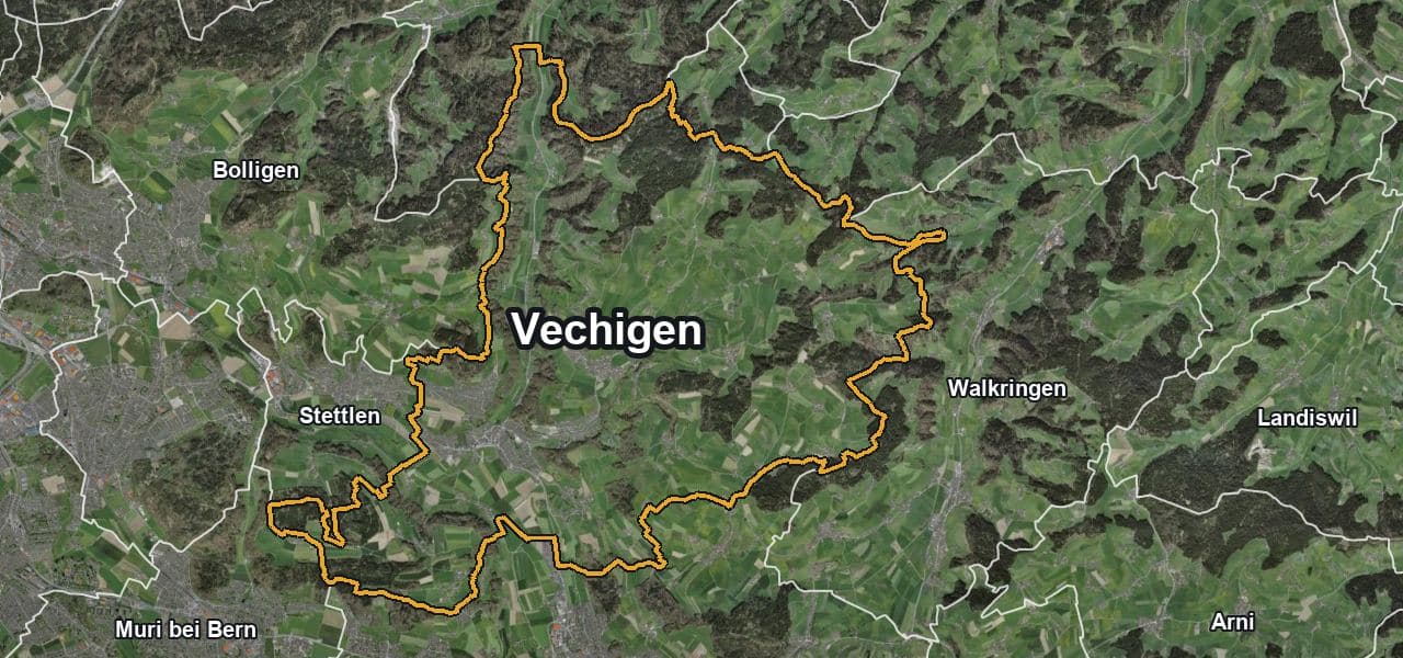 Luftbild von Vechigen mit Gemeindegrenze, Nachbargemeinden und Solareignung der Dächer