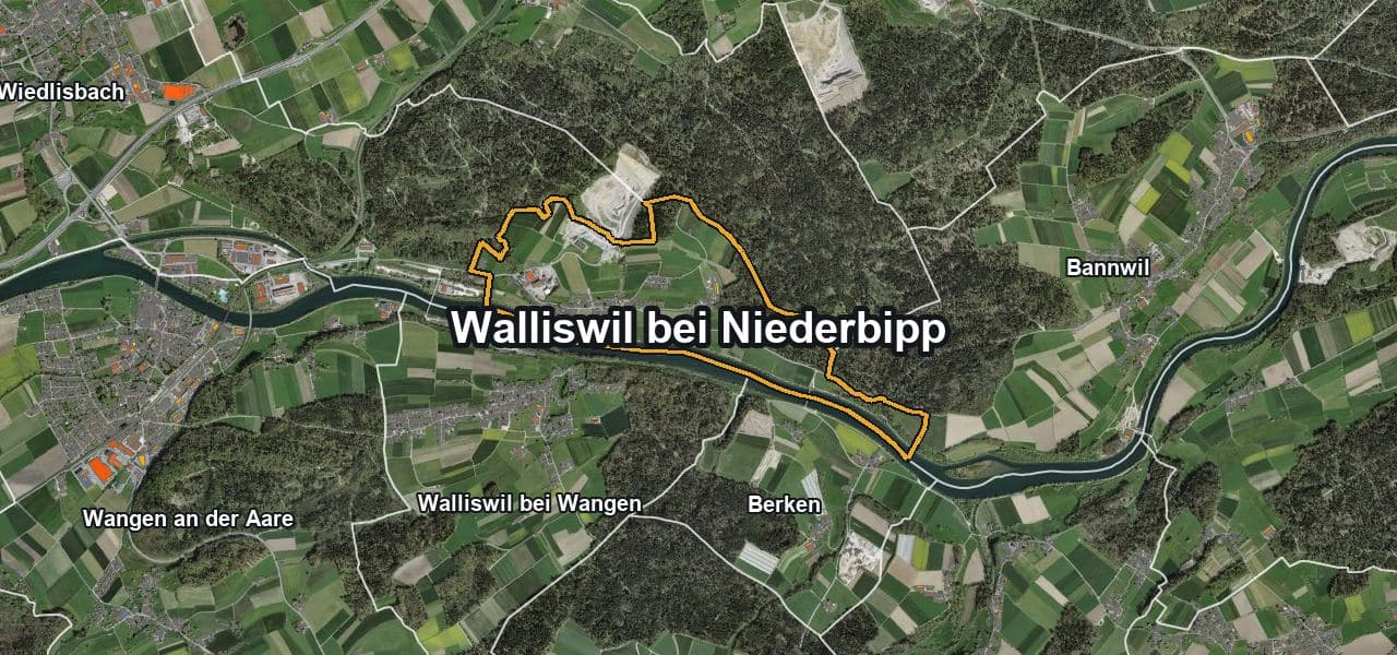 Luftbild von Walliswil bei Niederbipp mit Gemeindegrenze, Nachbargemeinden und Solareignung der Dächer