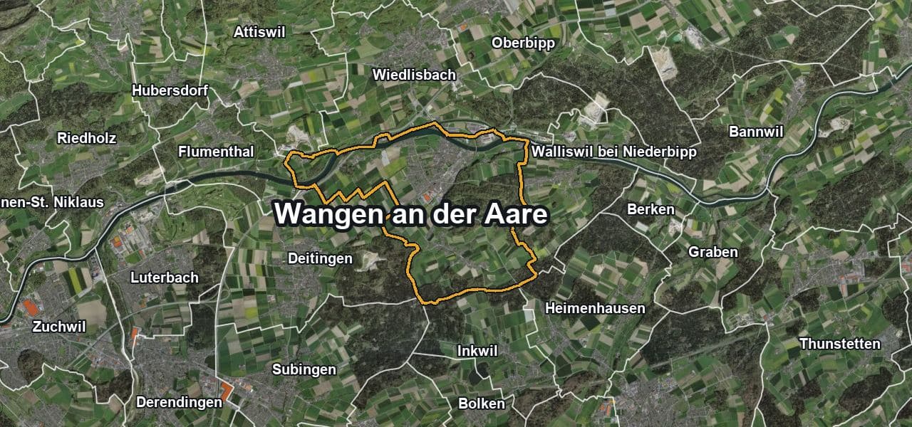 Luftbild von Wangen an der Aare mit Gemeindegrenze, Nachbargemeinden und Solareignung der Dächer
