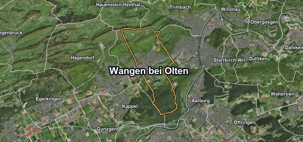 Luftbild von Wangen bei Olten mit Gemeindegrenze, Nachbargemeinden und Solareignung der Dächer