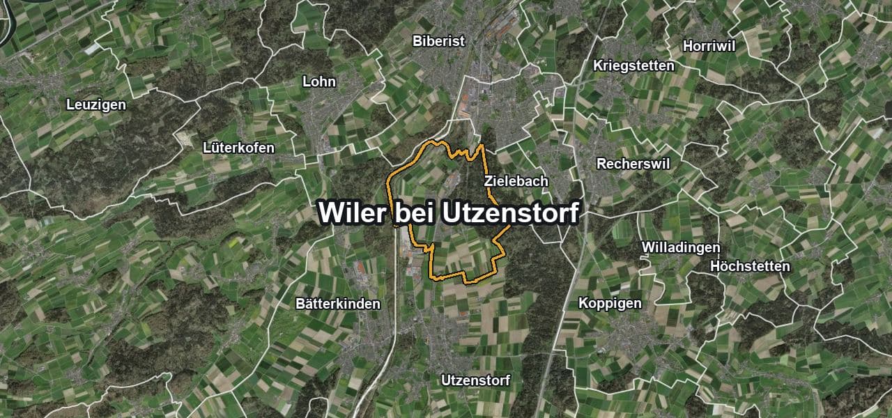 Luftbild von Wiler bei Utzenstorf mit Gemeindegrenze, Nachbargemeinden und Solareignung der Dächer