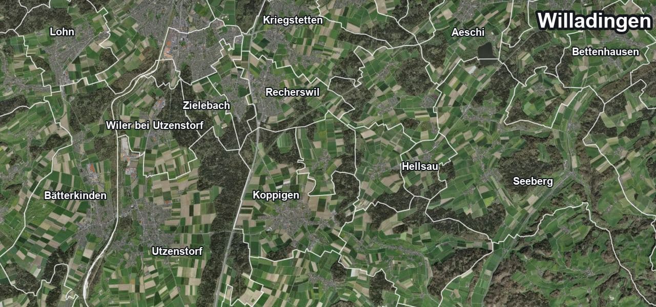 Luftbild von Willadingen mit Gemeindegrenze, Nachbargemeinden und Solareignung der Dächer
