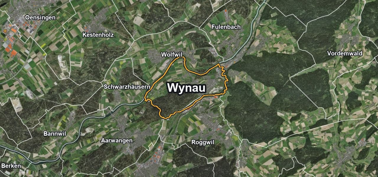 Luftbild von Wynau mit Gemeindegrenze, Nachbargemeinden und Solareignung der Dächer