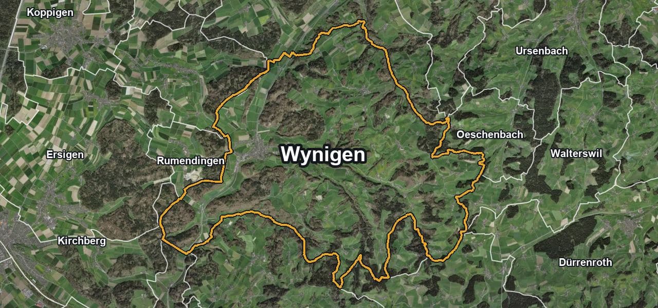Luftbild von Wynigen mit Gemeindegrenze, Nachbargemeinden und Solareignung der Dächer