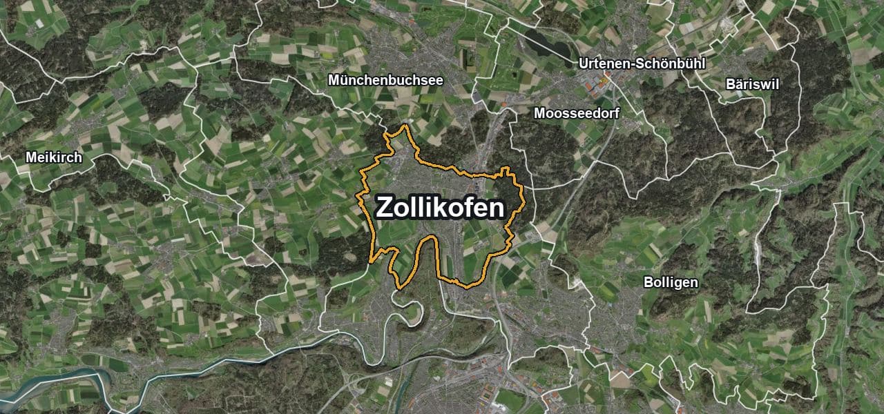 Luftbild von Zollikofen mit Gemeindegrenze, Nachbargemeinden und Solareignung der Dächer