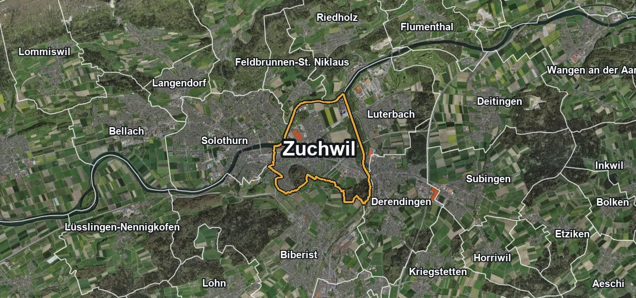 Luftbild von Zuchwil mit Gemeindegrenze, Nachbargemeinden und Solareignung der Dächer